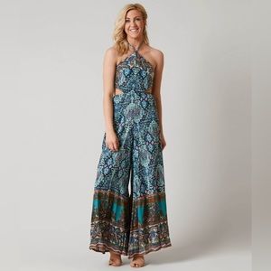 Free People Maribelle Jumpsuit Bohemian Turquoise Blue Festival Jumper sz L, NEW
